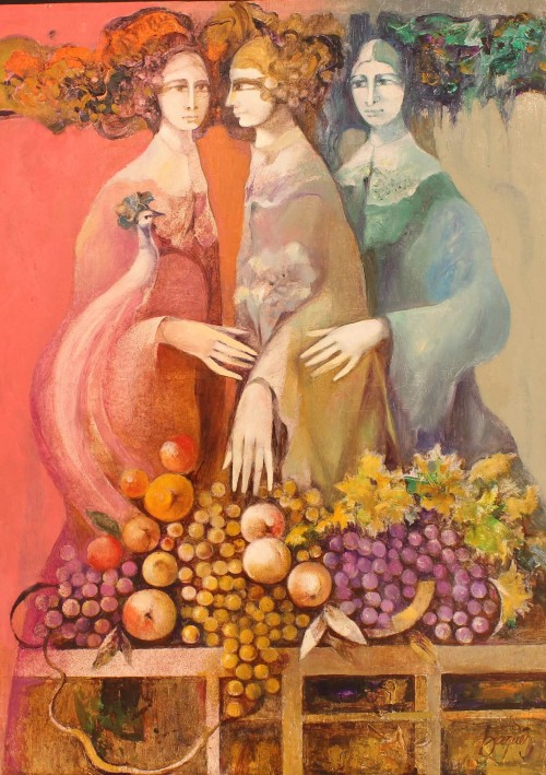 Tres figuras y frutas 68x49